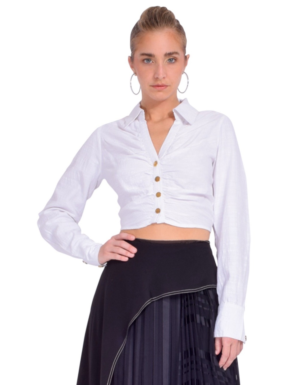 NWT Karina Grimaldi Eleanor Blouse Small White Linen Blend Ruched Cropped Top